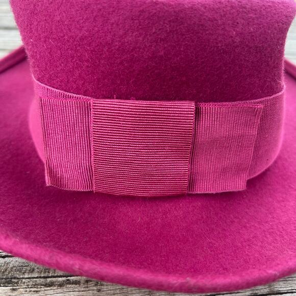 Vintage Nordstrom Magenta Wool Hat | Italy 90s Blossom Style Bow Boater Pork Pie - Picture 8 of 11